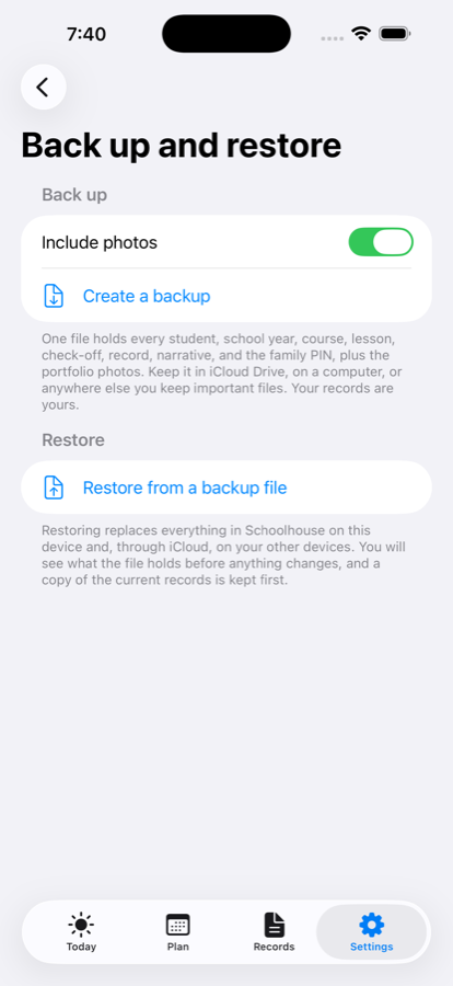 Settings › Back up and restore, with Create a backup and Restore from a backup file