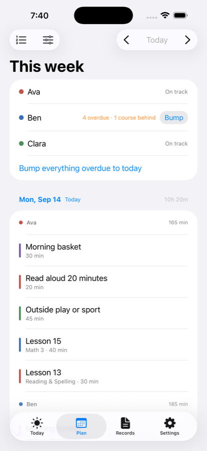 The Plan screen with the week's lessons and pace badges reading On pace and Behind